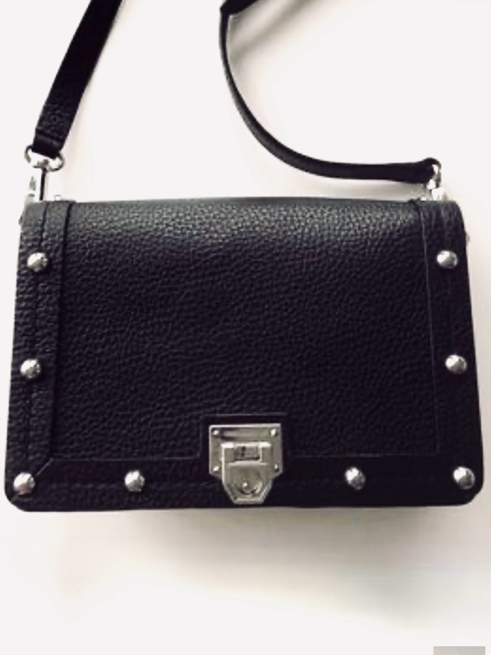 REBECCA MINKOFF Madison Silver Studded Crossbody Bag in Saffiano Blk Leather EUC